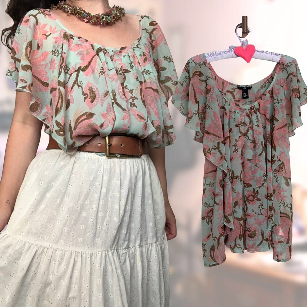 Boho Chic Vintage H&M Chiffon Flowy Seafoam Green Pink Floral Blouse Ruffle